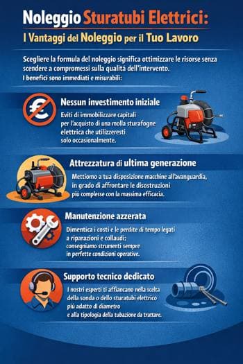 infografica vantaggi noleggio sturatubi elettrico